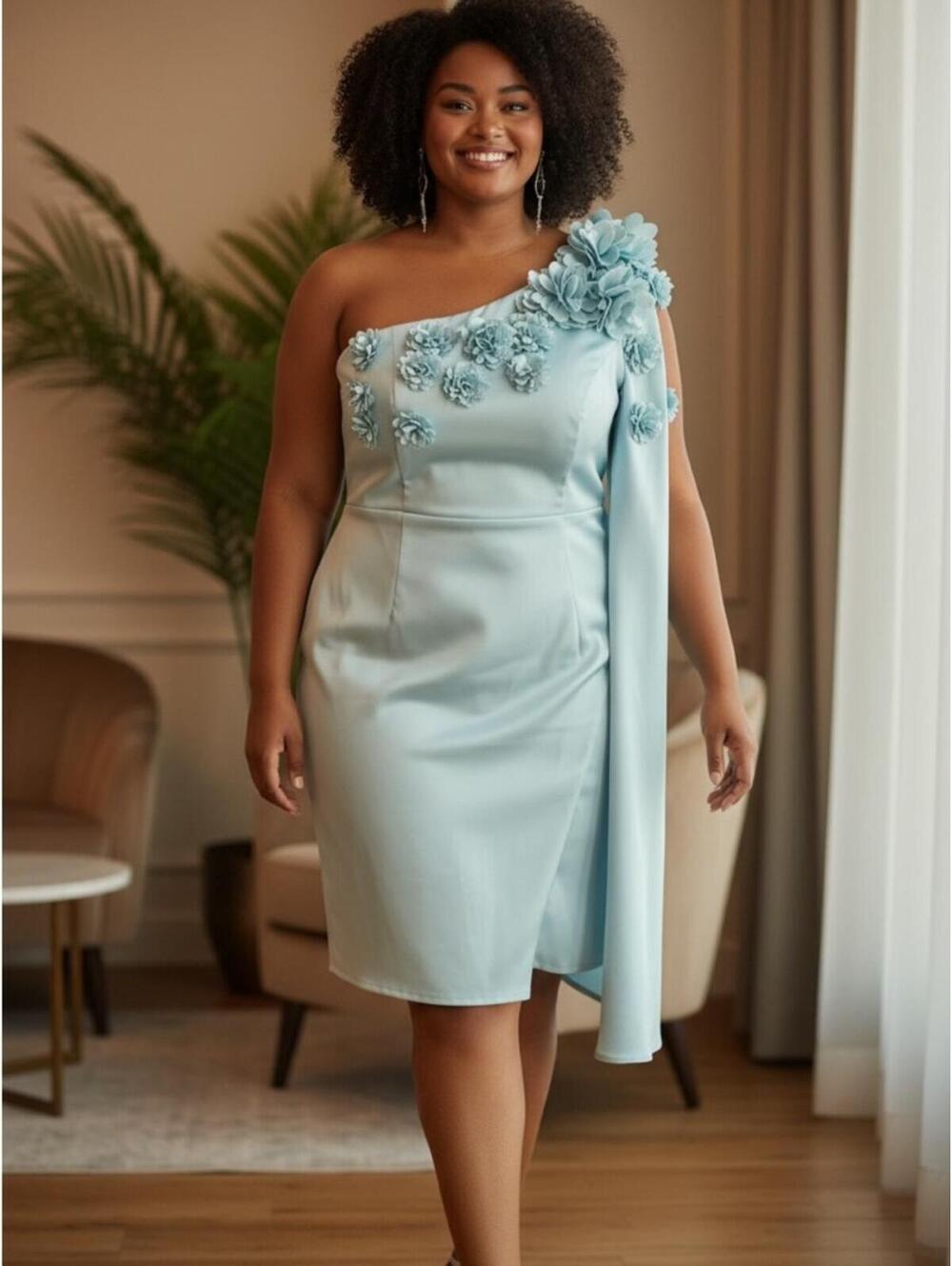 Fehaute Light Blue One Shoulder Floral Appliqué Dress XL NWT